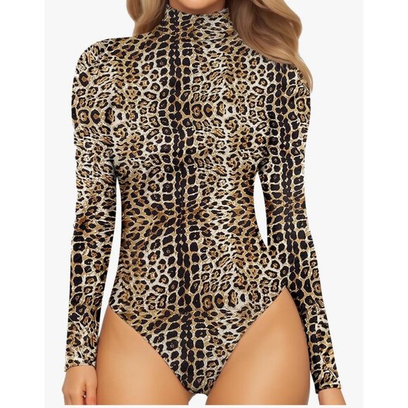 Mangopop Women Leopard Print Long Sleeve Bodysuit Size XL - Picture 1 of 7